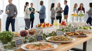 Healthy catered meal setup with fresh ingredients, professional event presentation