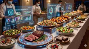 A beautifully arranged healthy catering buffet table with fresh salads, grilled lean proteins, whole grains, and colorful vegetables, natural lighting, elegant but simple presentation, wellness-focused atmosphere.