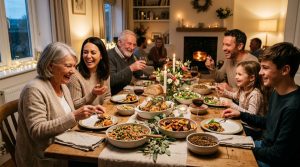 Family gathering with a beautifully arranged dining table, healthy homemade dishes, warm lighting, happy atmosphere, natural and candid moments