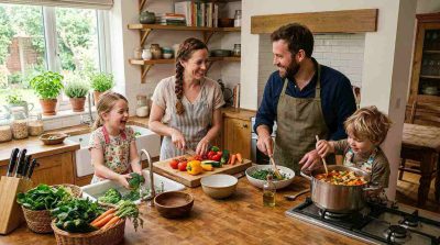 Warm family kitchen scene with parents and children preparing healthy home-cooked meals together