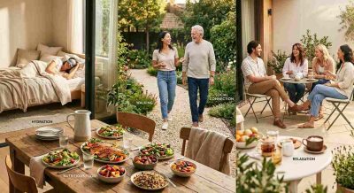 Holistic wellness scene showing nutritious food, walking, restful sleep, hydration, social connection, and relaxation.